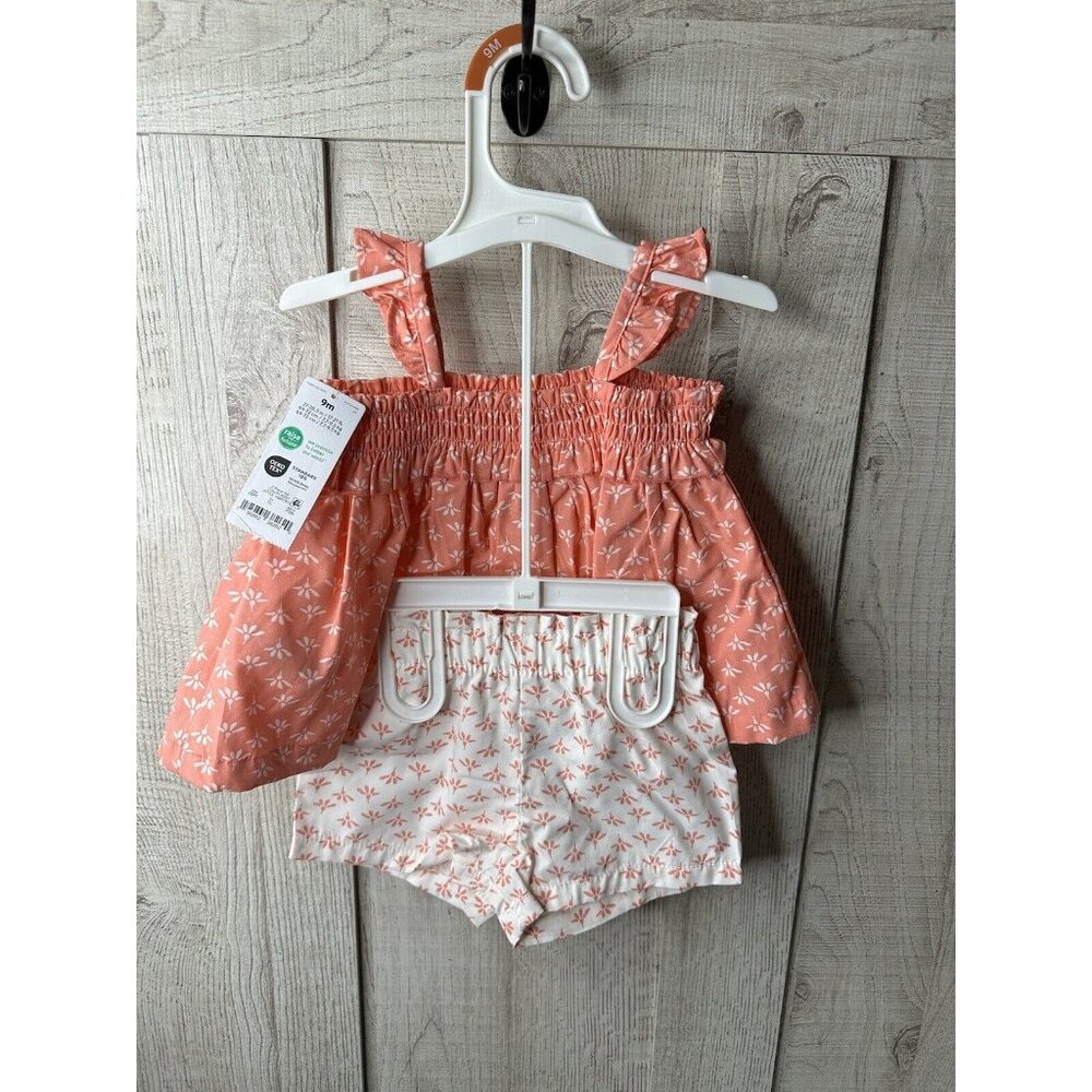 Carters Just One You Infant Girls Top & Shorts Set 9 Months Coral White Floral - Picture 2 of 4